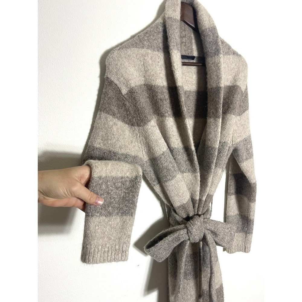 JENNI KAYNE Luxurious Belted Sweater Coat Long Cardi Oatmeal Stripe Yak Alpaca L - Picture 6 of 16